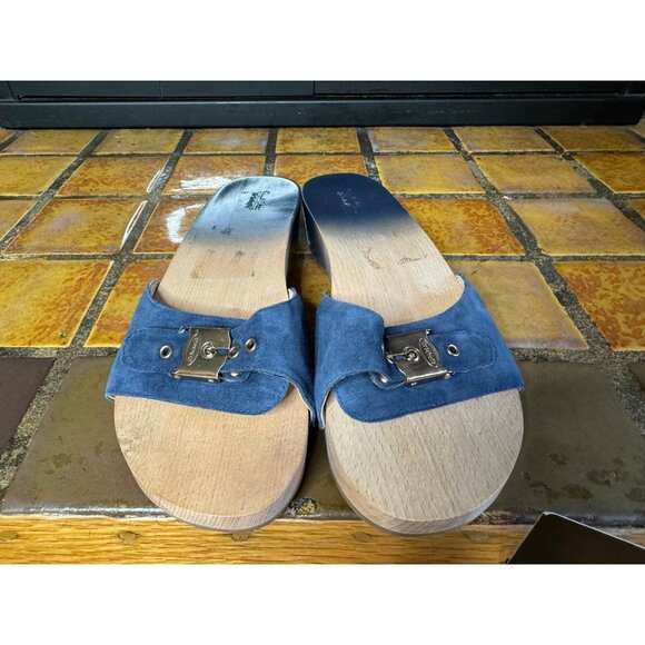 Women’s 10 Dr. Scholls Original Collection Blue Leather Wooden Orthopedic Clogs - Picture 2 of 8